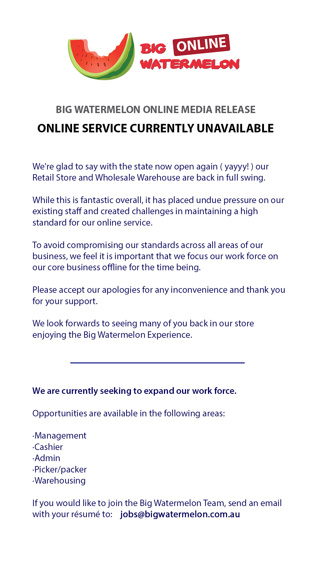 Online Store Ordering Suspended
